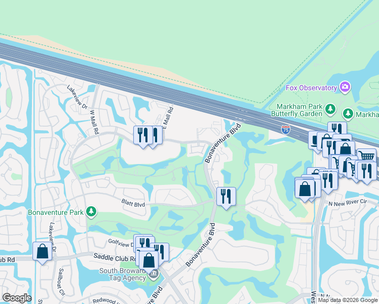 map of restaurants, bars, coffee shops, grocery stores, and more near 225 Riviera Circle in Weston