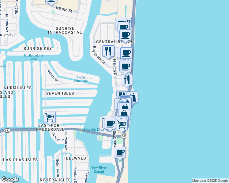 map of restaurants, bars, coffee shops, grocery stores, and more near 35 Seville Street in Fort Lauderdale