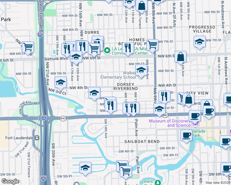 map of restaurants, bars, coffee shops, grocery stores, and more near 1300 Northwest 4th Street in Fort Lauderdale