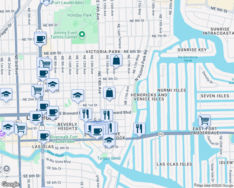 map of restaurants, bars, coffee shops, grocery stores, and more near 1608 Northeast 2nd Court in Fort Lauderdale