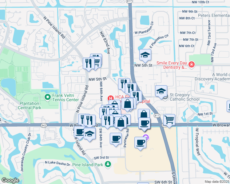 map of restaurants, bars, coffee shops, grocery stores, and more near 301 Northwest 82nd Avenue in Plantation