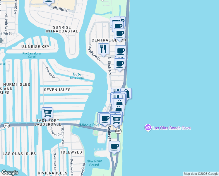 map of restaurants, bars, coffee shops, grocery stores, and more near 35 Seville Street in Fort Lauderdale