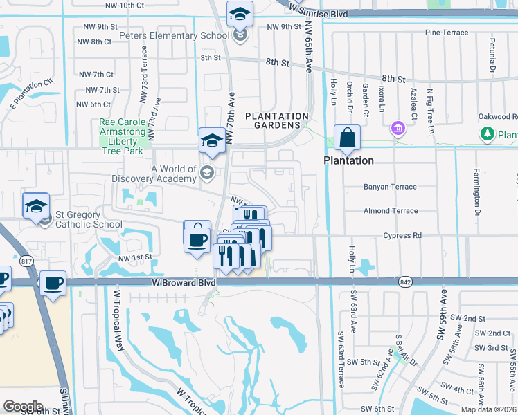 map of restaurants, bars, coffee shops, grocery stores, and more near 355 Northwest 68th Avenue in Plantation