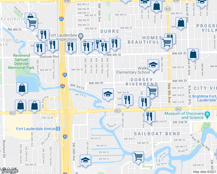 map of restaurants, bars, coffee shops, grocery stores, and more near 1500 Northwest 3rd Court in Fort Lauderdale
