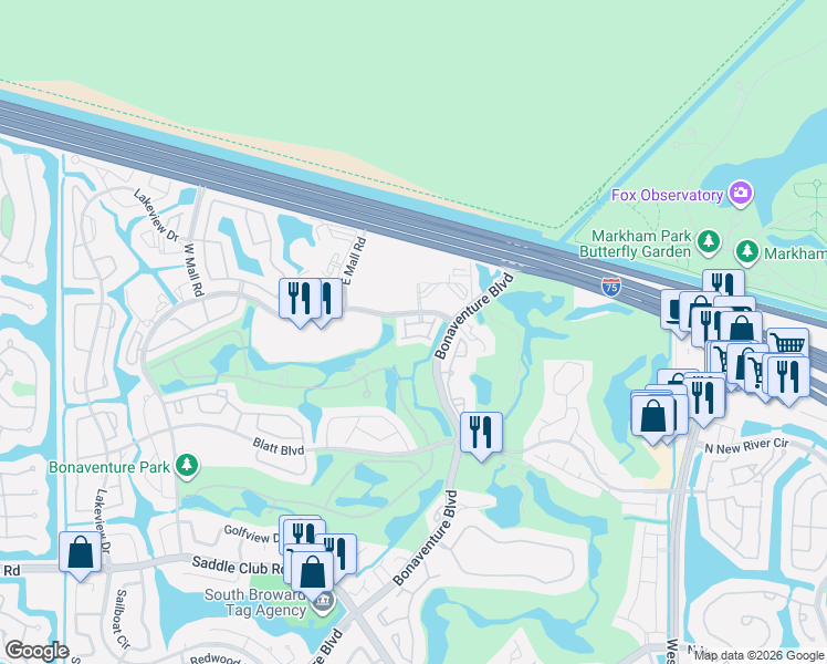 map of restaurants, bars, coffee shops, grocery stores, and more near 225 Riviera Circle in Weston