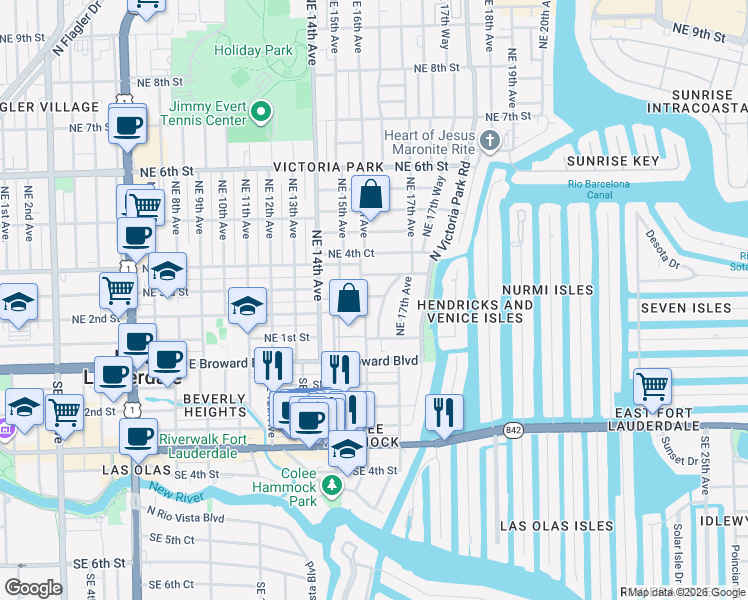 map of restaurants, bars, coffee shops, grocery stores, and more near 1612 Northeast 2nd Court in Fort Lauderdale