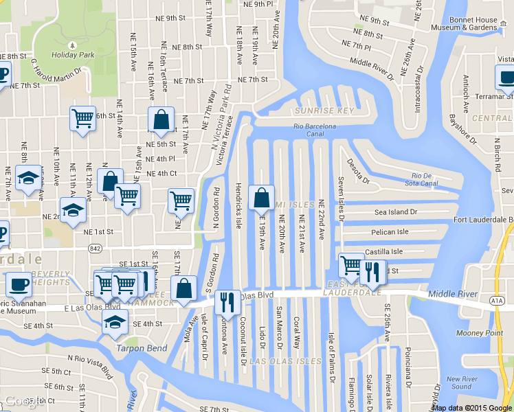 map of restaurants, bars, coffee shops, grocery stores, and more near 133 Isle of Venice Drive in Fort Lauderdale