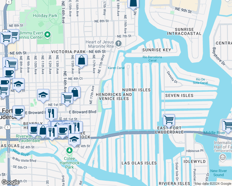 map of restaurants, bars, coffee shops, grocery stores, and more near 217 Hendricks Isle in Fort Lauderdale