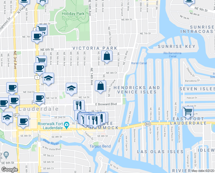 map of restaurants, bars, coffee shops, grocery stores, and more near 1619 Northeast 2nd Court in Fort Lauderdale