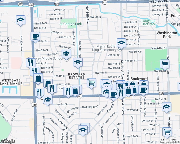 map of restaurants, bars, coffee shops, grocery stores, and more near 420 Northwest 34th Avenue in Fort Lauderdale