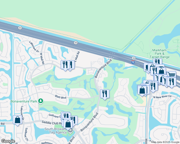 map of restaurants, bars, coffee shops, grocery stores, and more near 225 Riviera Circle in Weston