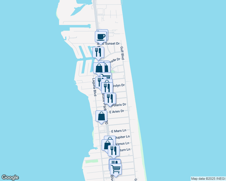 map of restaurants, bars, coffee shops, grocery stores, and more near 104 East Carolyn Drive in South Padre Island