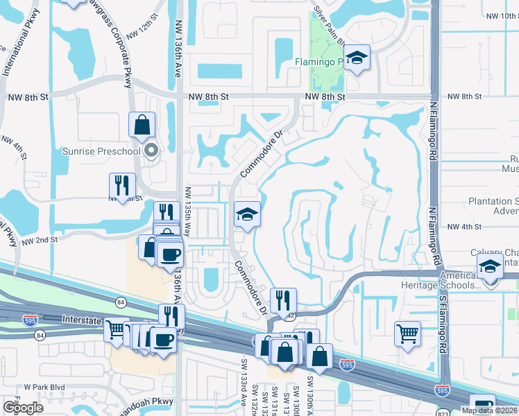 map of restaurants, bars, coffee shops, grocery stores, and more near 13254 Northwest 5th Street in Plantation