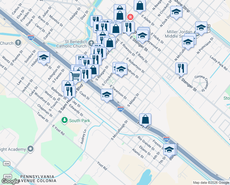 map of restaurants, bars, coffee shops, grocery stores, and more near 500-598 South Austin Street in San Benito