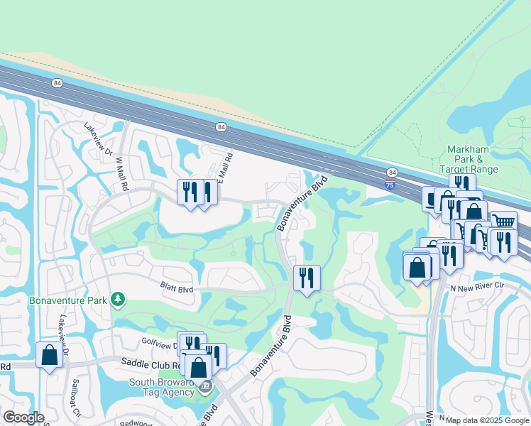 map of restaurants, bars, coffee shops, grocery stores, and more near 225 Riviera Circle in Weston