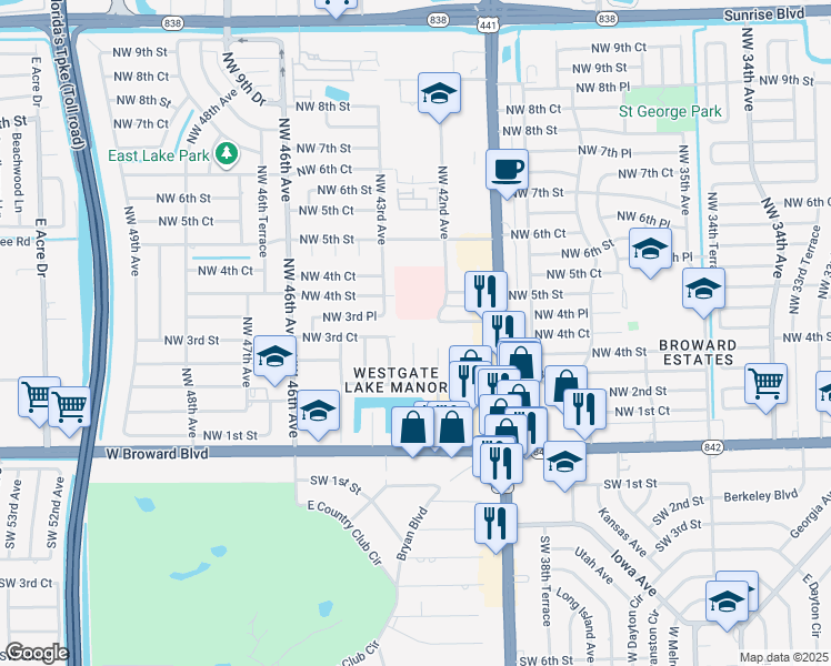 map of restaurants, bars, coffee shops, grocery stores, and more near 4200 Northwest 3rd Court in Plantation