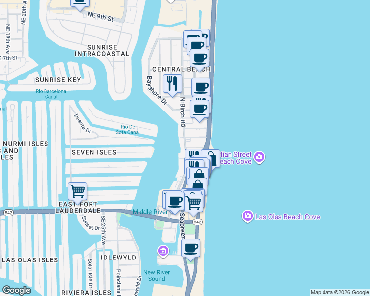 map of restaurants, bars, coffee shops, grocery stores, and more near 35 Seville Street in Fort Lauderdale