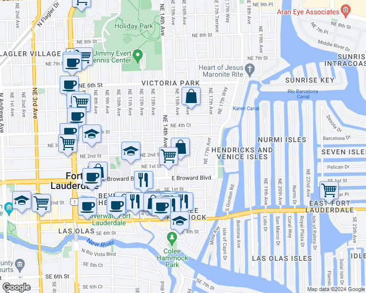 map of restaurants, bars, coffee shops, grocery stores, and more near 301 Northeast 15th Avenue in Fort Lauderdale