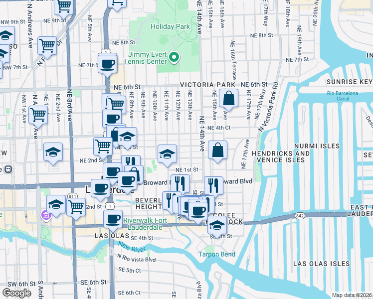 map of restaurants, bars, coffee shops, grocery stores, and more near 1305 Northeast 3rd Street in Fort Lauderdale