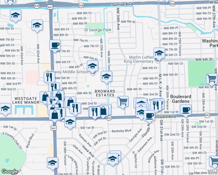 map of restaurants, bars, coffee shops, grocery stores, and more near 3491 Northwest 4th Street in Fort Lauderdale