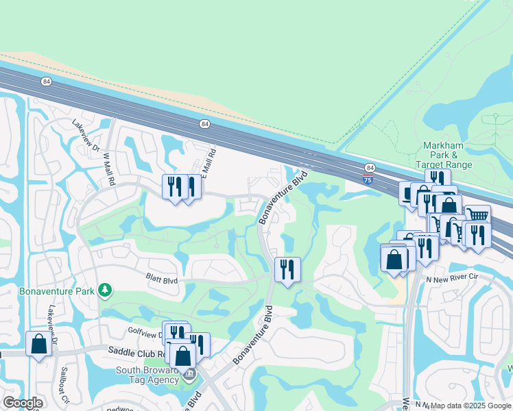map of restaurants, bars, coffee shops, grocery stores, and more near 120 Riviera Circle in Weston