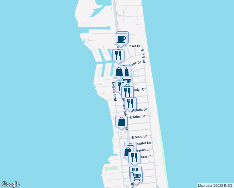 map of restaurants, bars, coffee shops, grocery stores, and more near 107 West Carolyn Drive in South Padre Island