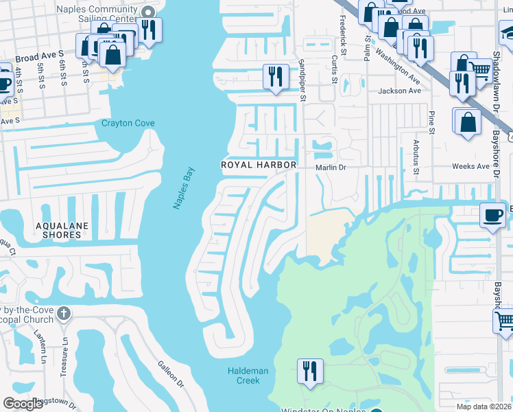 map of restaurants, bars, coffee shops, grocery stores, and more near 1940 Tarpon Road in Naples