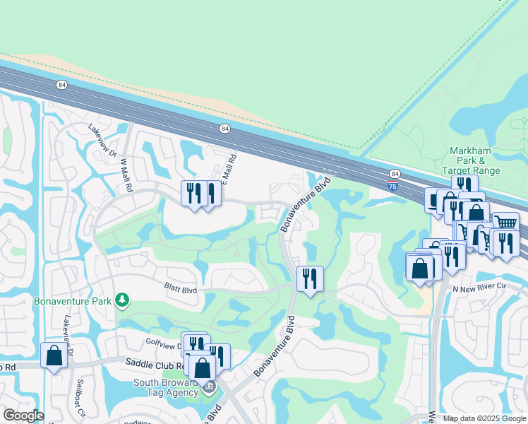 map of restaurants, bars, coffee shops, grocery stores, and more near 225 Riviera Circle in Weston