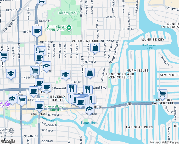 map of restaurants, bars, coffee shops, grocery stores, and more near 301 Northeast 15th Avenue in Fort Lauderdale