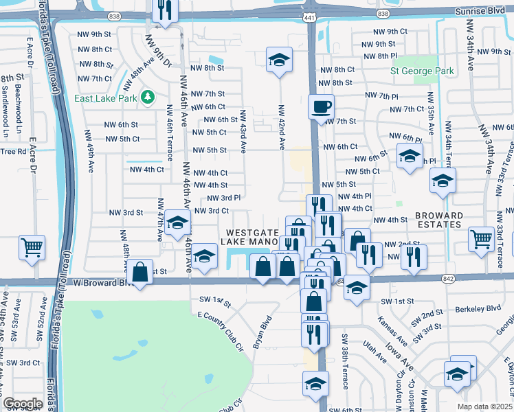 map of restaurants, bars, coffee shops, grocery stores, and more near 4300 Northwest 3rd Place in Plantation