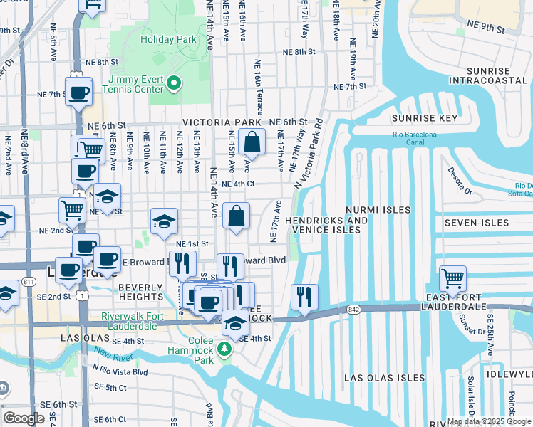 map of restaurants, bars, coffee shops, grocery stores, and more near 309 Northeast 17th Avenue in Fort Lauderdale