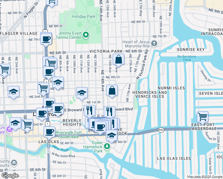 map of restaurants, bars, coffee shops, grocery stores, and more near 301 Northeast 15th Avenue in Fort Lauderdale