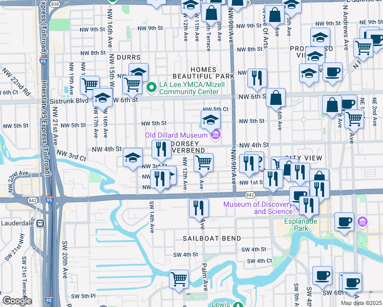map of restaurants, bars, coffee shops, grocery stores, and more near 1118 Northwest 4th Street in Fort Lauderdale