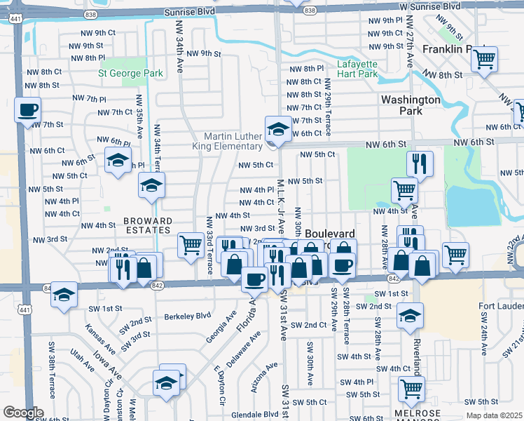 map of restaurants, bars, coffee shops, grocery stores, and more near 3130 Northwest 4th Court in Fort Lauderdale