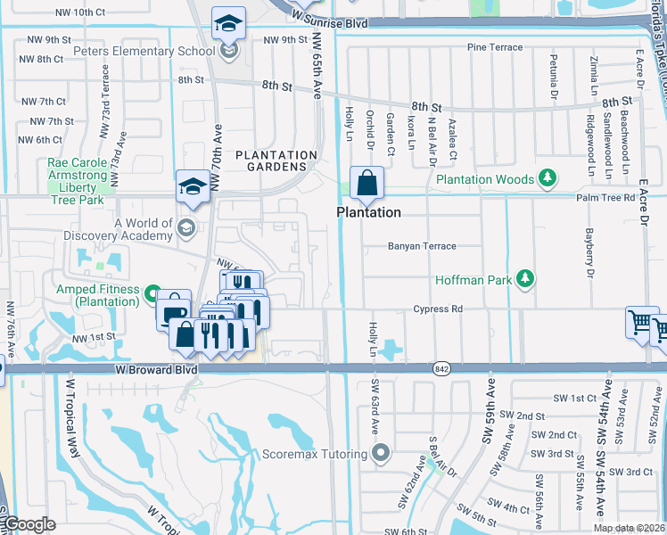 map of restaurants, bars, coffee shops, grocery stores, and more near 330 Holloway Drive in Plantation