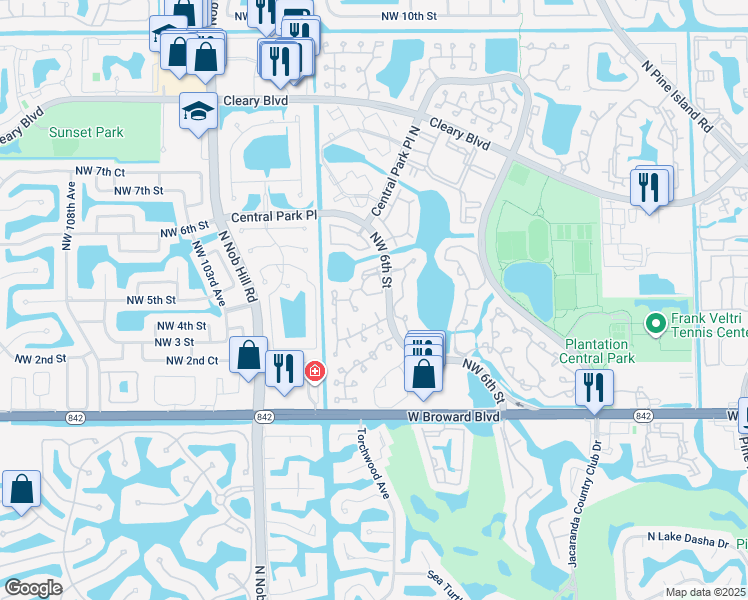 map of restaurants, bars, coffee shops, grocery stores, and more near 117 Northwest 2nd Court in Plantation
