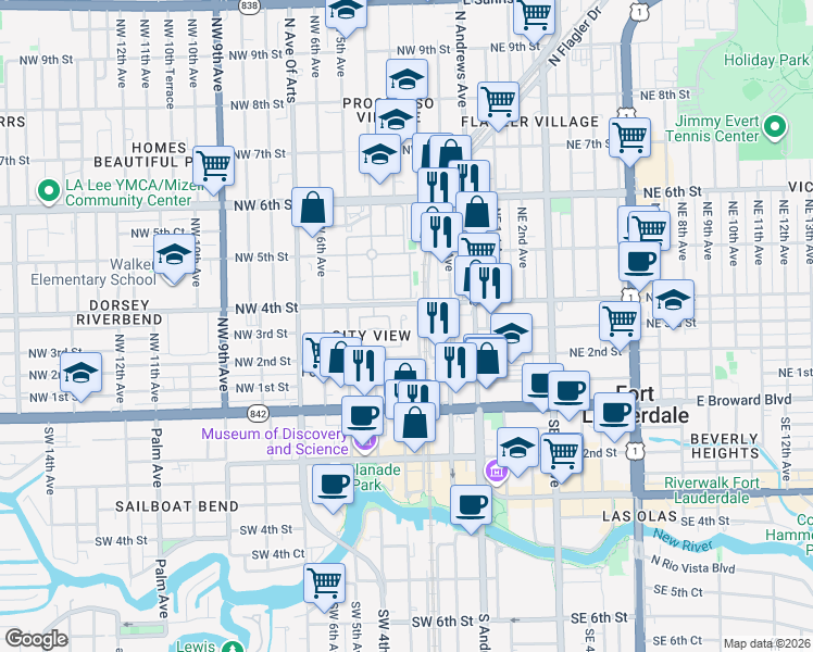 map of restaurants, bars, coffee shops, grocery stores, and more near 334 City View Drive in Fort Lauderdale