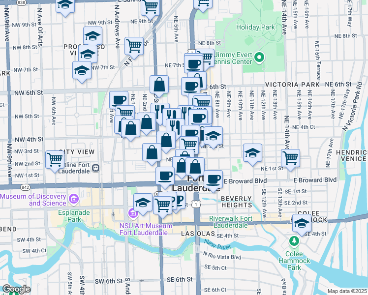 map of restaurants, bars, coffee shops, grocery stores, and more near 514 Northeast 3rd Street in Fort Lauderdale