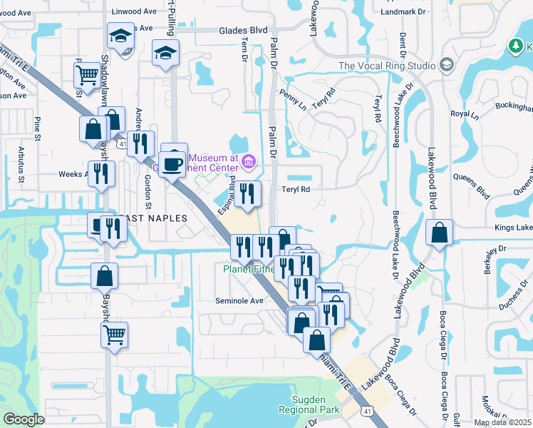 map of restaurants, bars, coffee shops, grocery stores, and more near 134 Palm Drive in Naples
