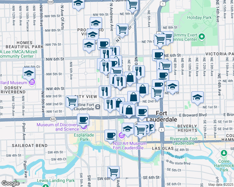 map of restaurants, bars, coffee shops, grocery stores, and more near 300 North Andrews Avenue in Fort Lauderdale