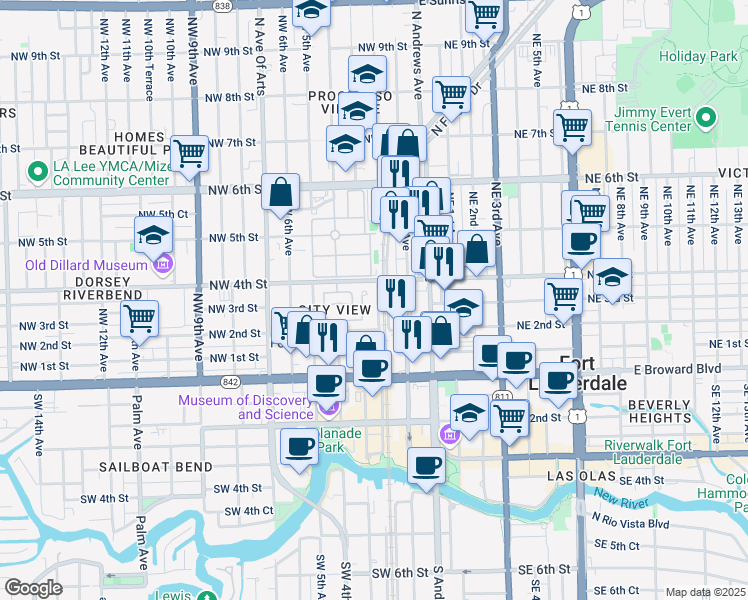 map of restaurants, bars, coffee shops, grocery stores, and more near 334 City View Drive in Fort Lauderdale