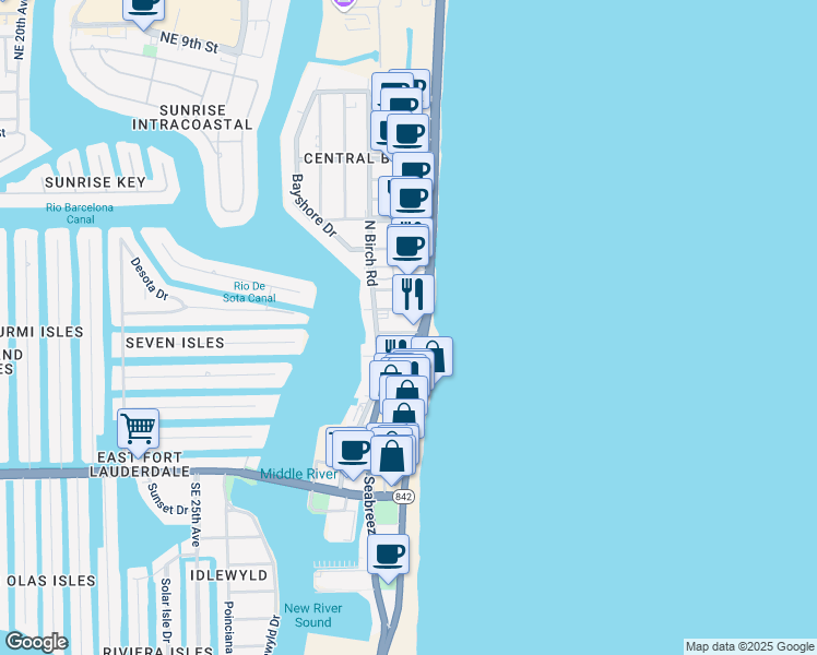 map of restaurants, bars, coffee shops, grocery stores, and more near 3029 Alhambra Street in Fort Lauderdale