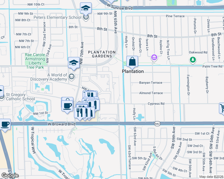 map of restaurants, bars, coffee shops, grocery stores, and more near 255 Northwest 68th Avenue in Plantation