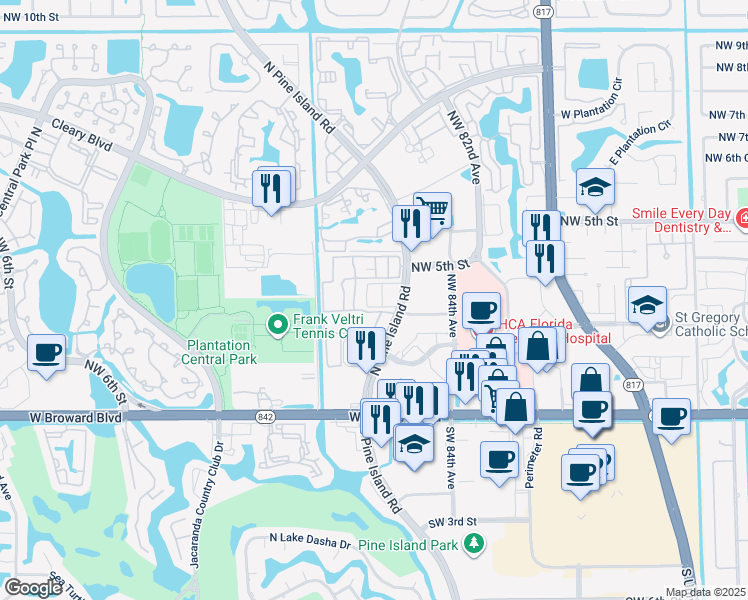 map of restaurants, bars, coffee shops, grocery stores, and more near 485 North Pine Island Road in Plantation