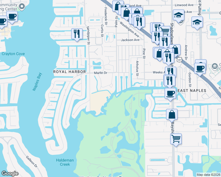map of restaurants, bars, coffee shops, grocery stores, and more near 3031 Sandpiper Bay Circle in Naples