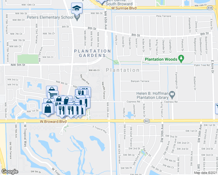 map of restaurants, bars, coffee shops, grocery stores, and more near 220 Holloway Drive in Plantation