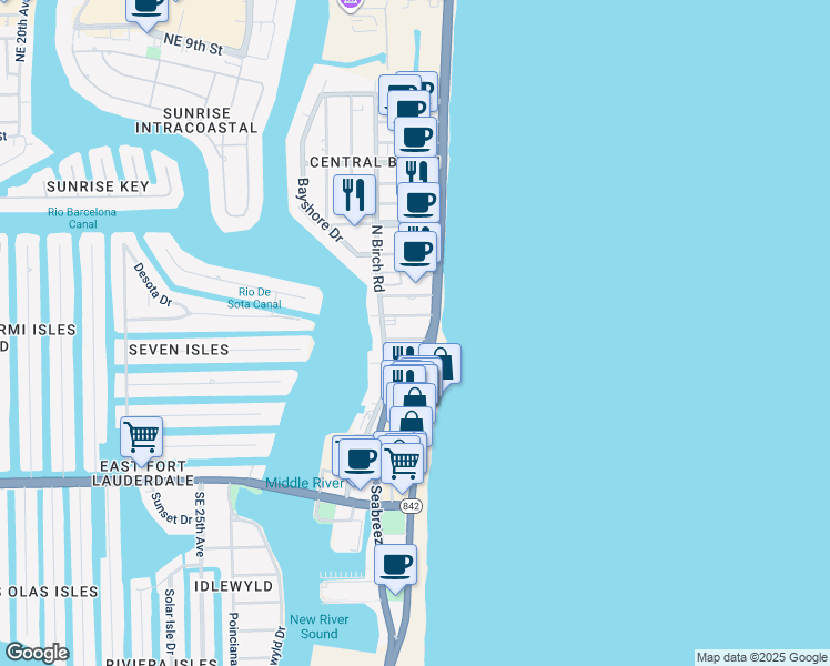 map of restaurants, bars, coffee shops, grocery stores, and more near 3029 Alhambra Street in Fort Lauderdale