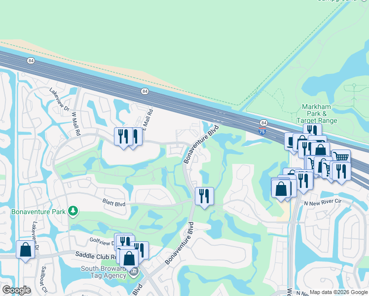 map of restaurants, bars, coffee shops, grocery stores, and more near 120 Riviera Circle in Weston