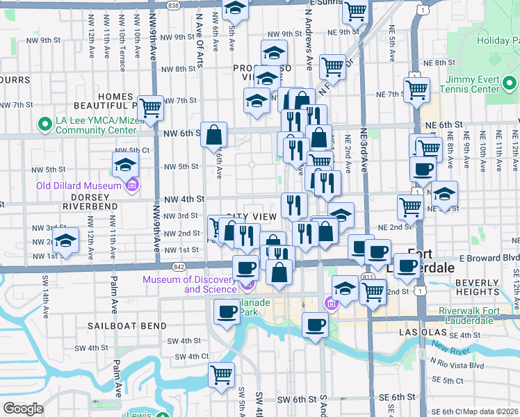 map of restaurants, bars, coffee shops, grocery stores, and more near 334 City View Drive in Fort Lauderdale