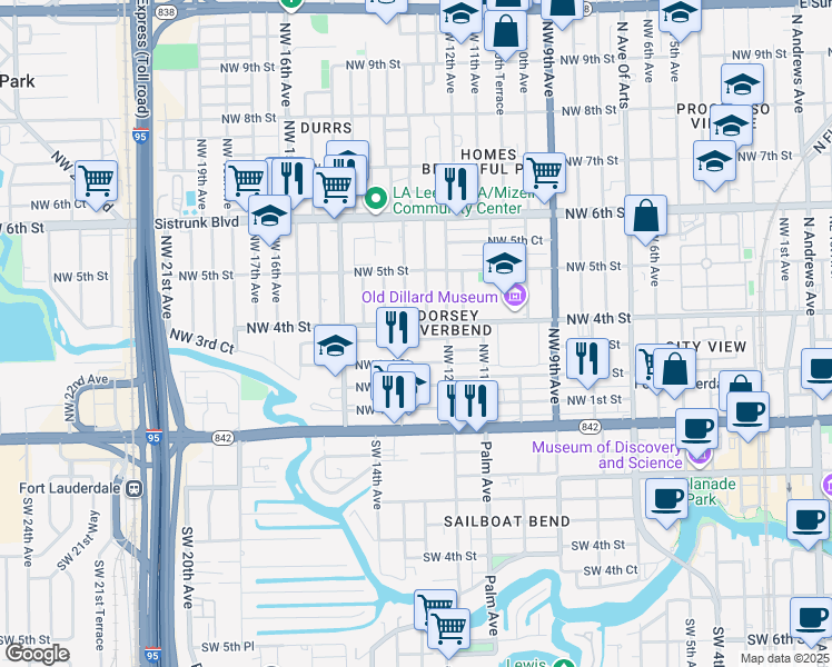 map of restaurants, bars, coffee shops, grocery stores, and more near 1300 Northwest 4th Street in Fort Lauderdale